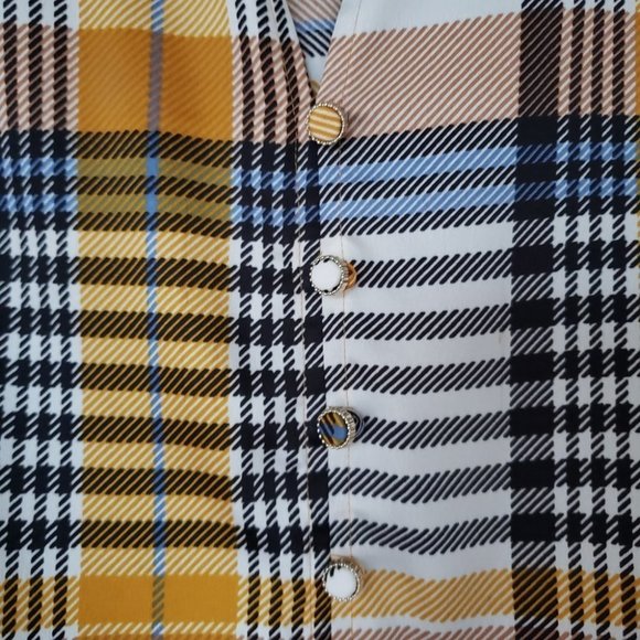 Karl Lagerfeld plaid smocked ruffled blouse yellow and blue - Picture 4 of 8